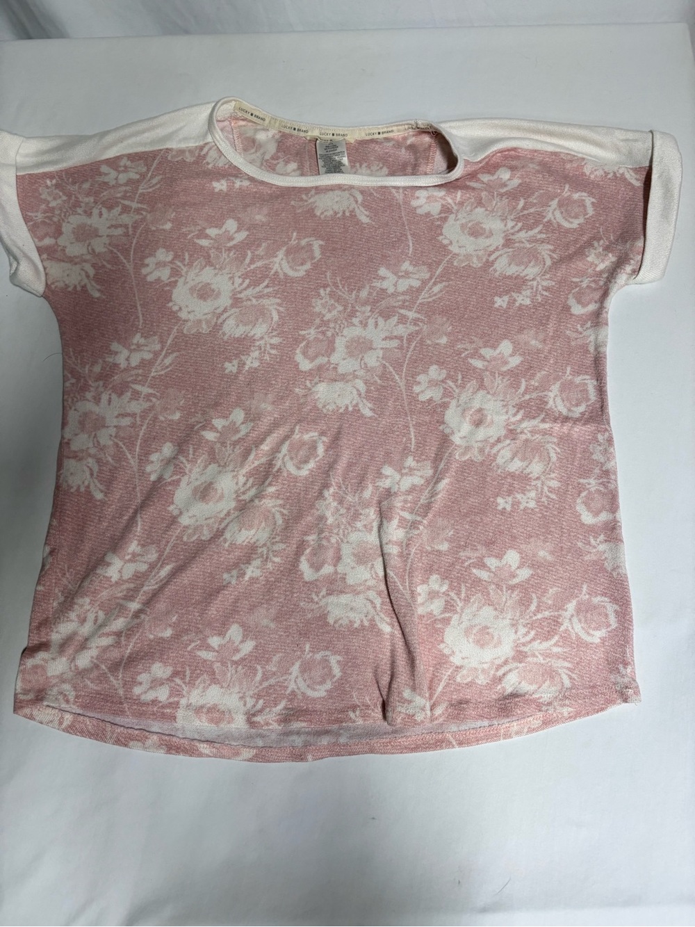 Lucky Brand Floral Knit Top Women’s Small Blush Pink Ivory Short Sleeve